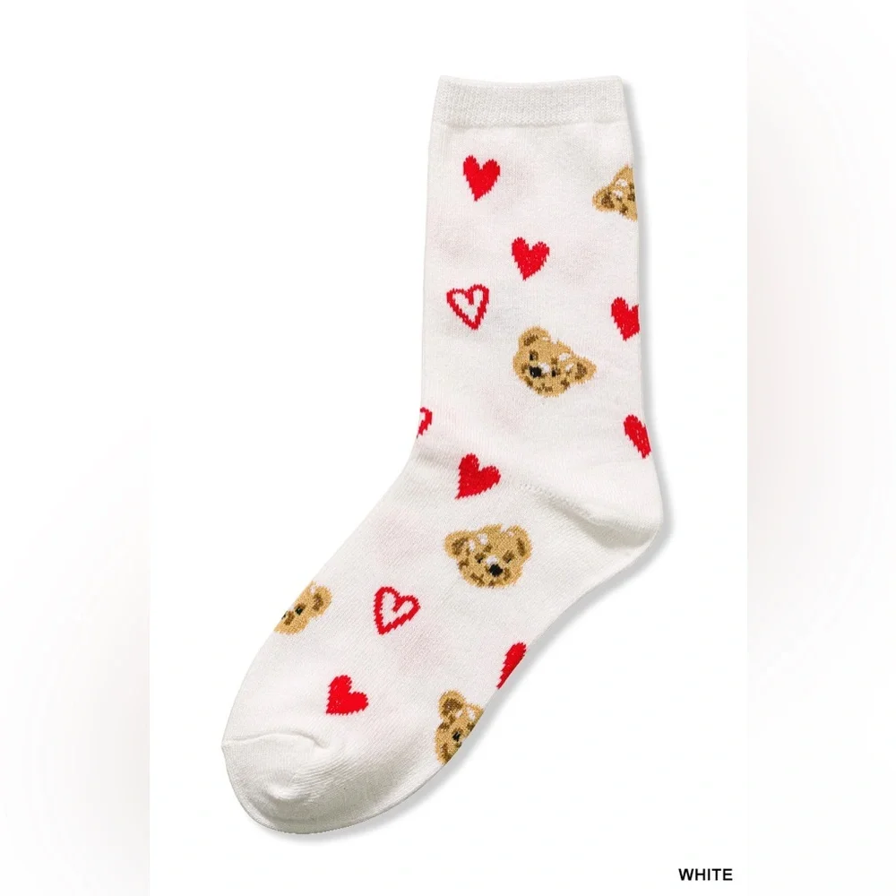 NWT Zenana White & Pink Teddy Bear Heart Crew Socks Cozy Cute Gift One Size
